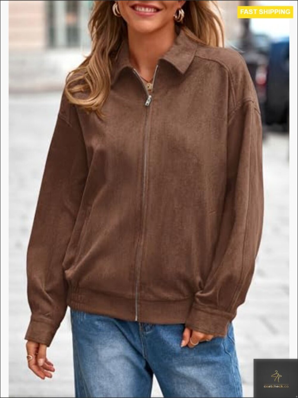 Faux Suede Bomber Jacket Oversized Aviator Style Zip Up Relaxed Fit - Picture 4 of 7